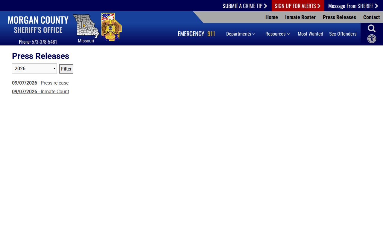 Morgan County Sheriff press release archive rather than complete arrest log