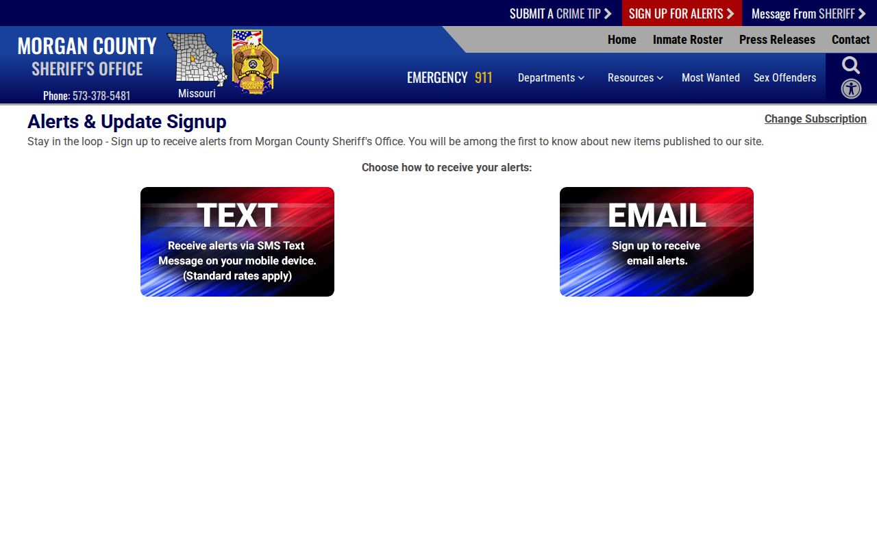 Morgan County sheriff general website alerts signup for arrest information