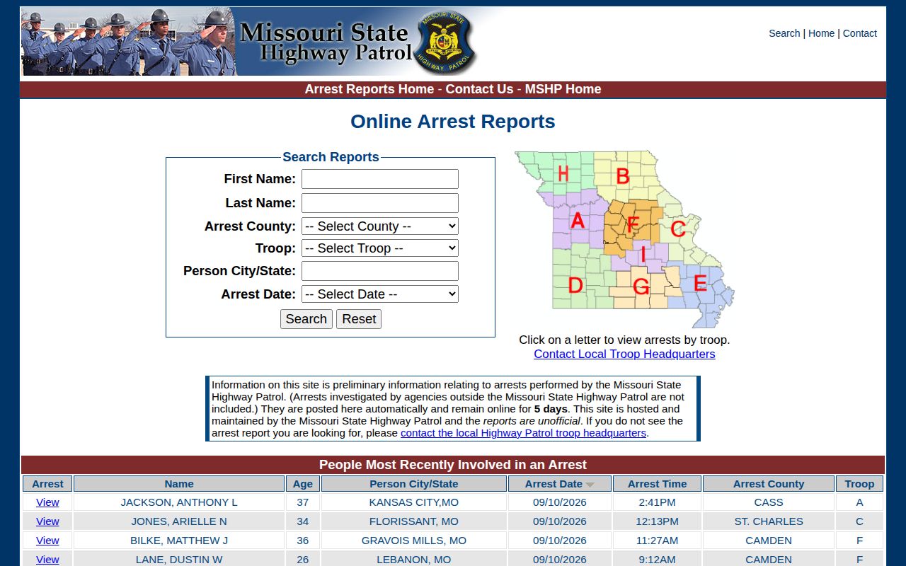 Missouri State Highway Patrol five-day Morgan County arrest reports search