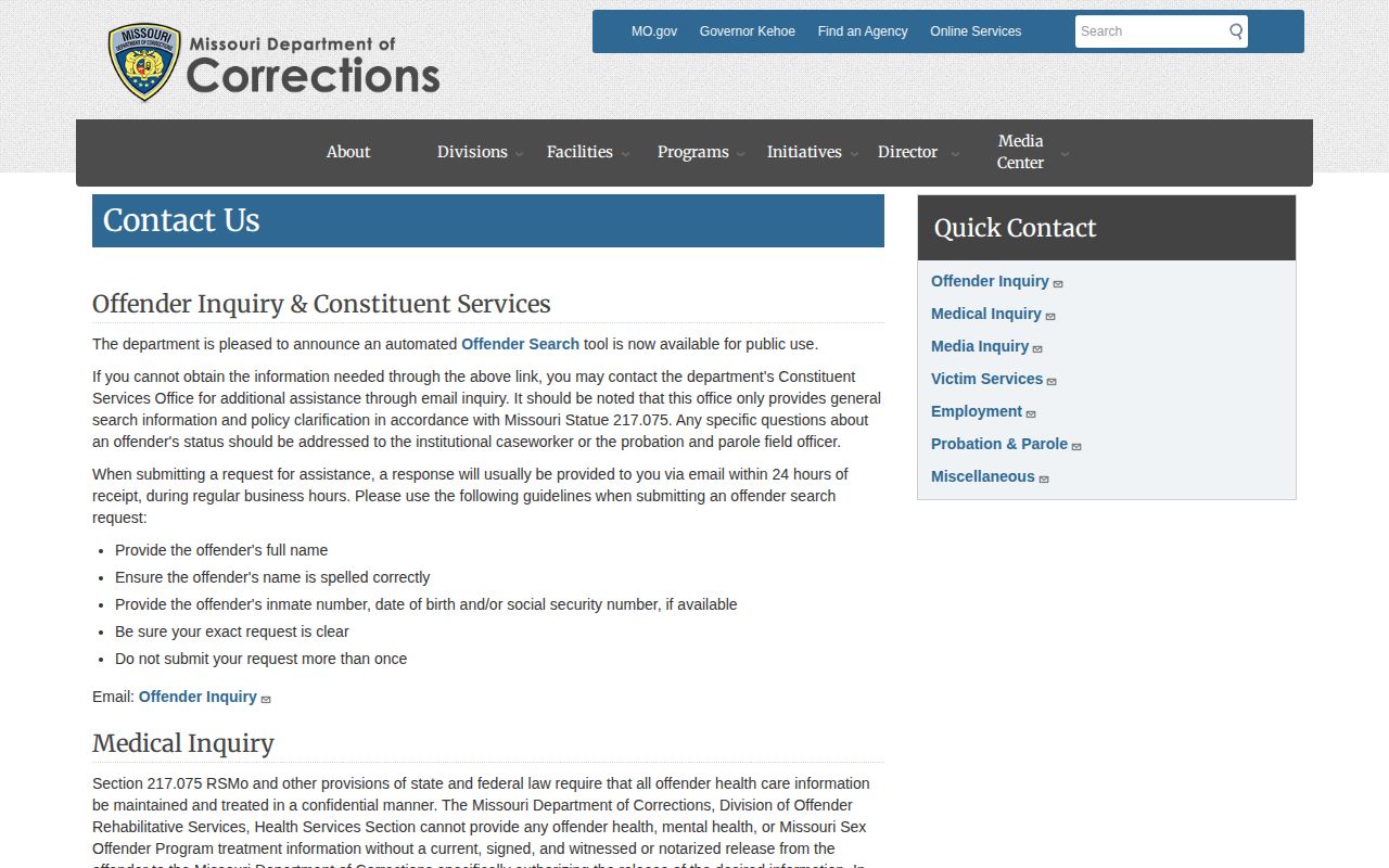 Missouri Department of Corrections contact page