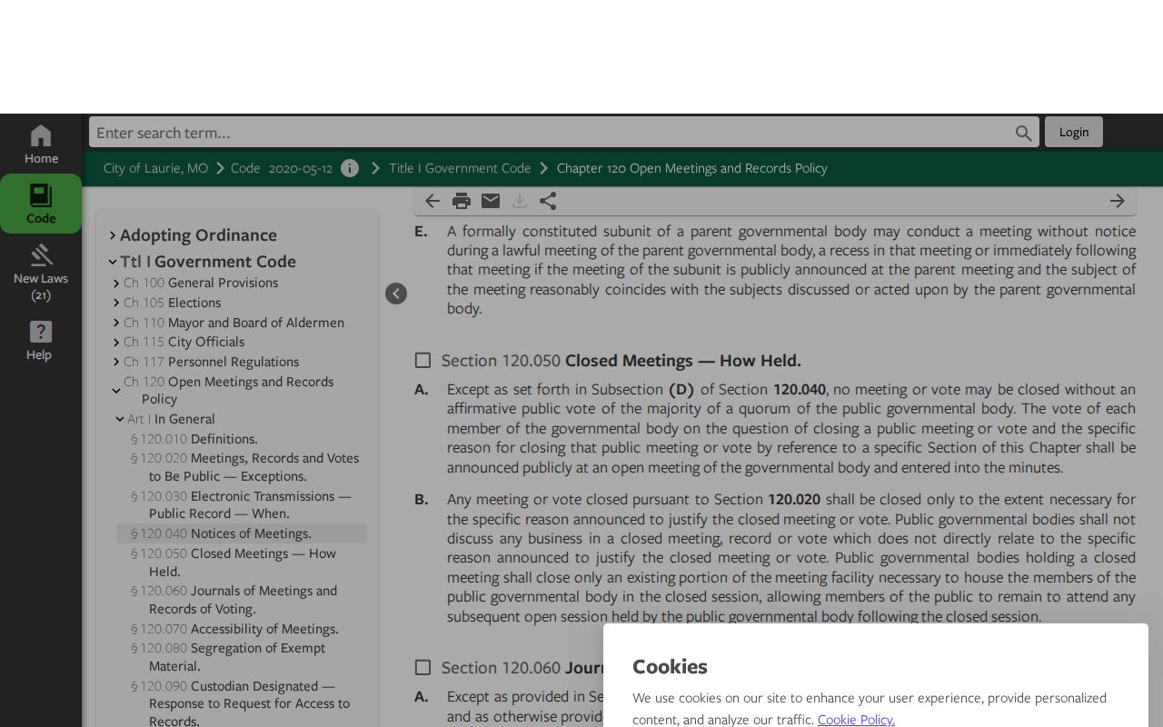 Laurie municipal code page addressing police arrest reports and daily logs
