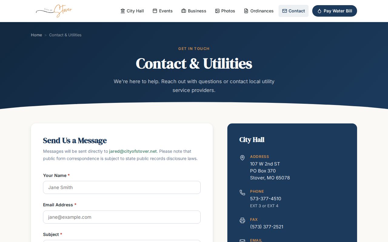 Official Stover City Hall contact page used to route police records questions