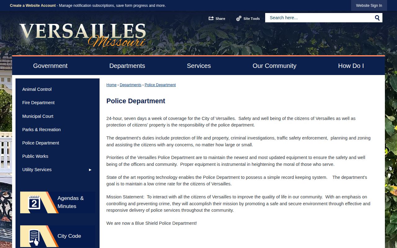 Official Versailles Police Department webpage with department contact information
